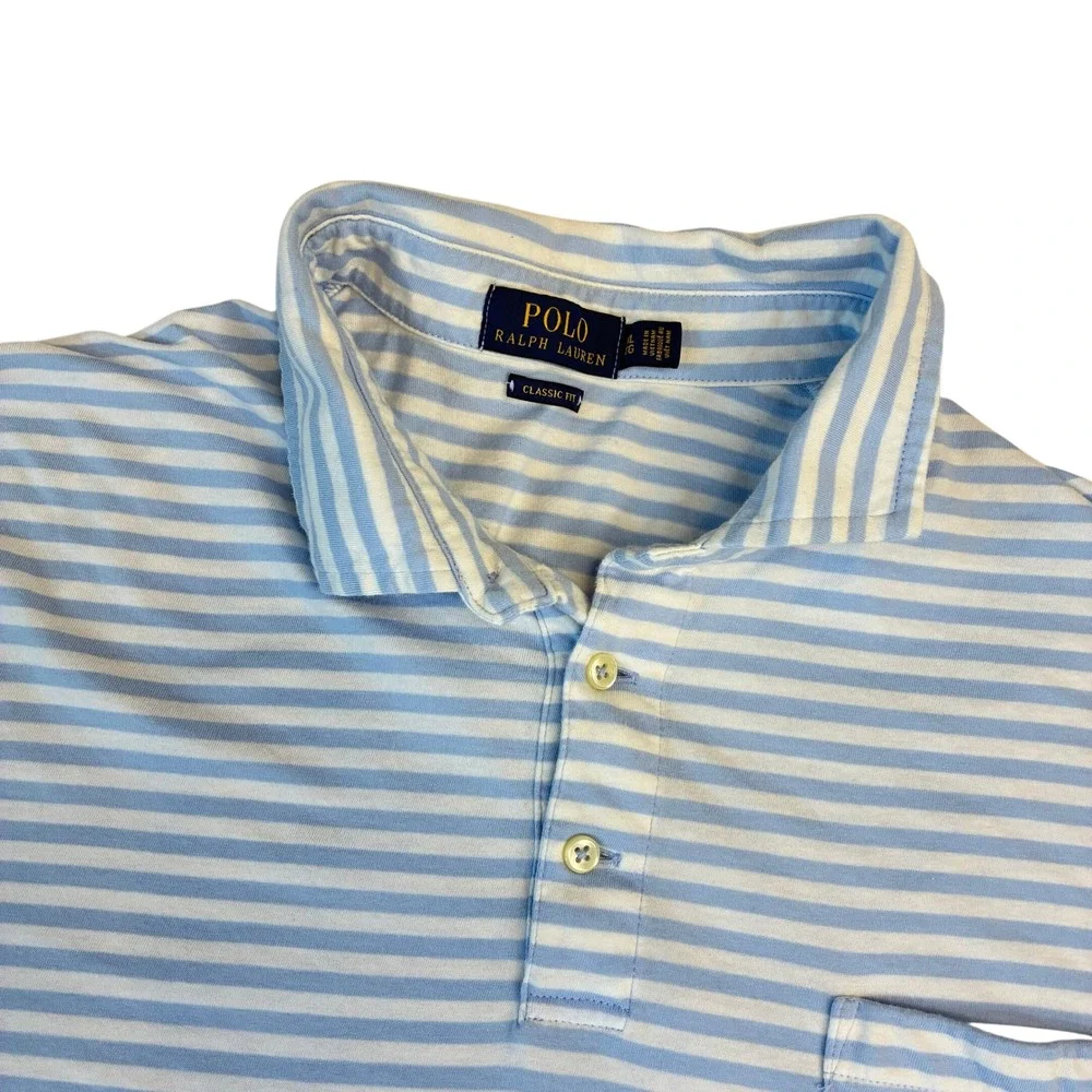 Polo Ralph Lauren Polo Shirt‎ Mens XL Blue White Striped Classic Fit Pocket Pony